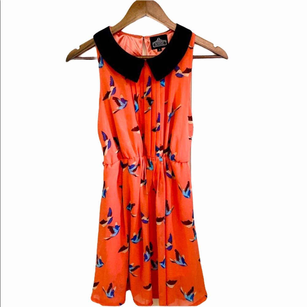 Angie Coral Peter Pan Collar Bird Shift Dress